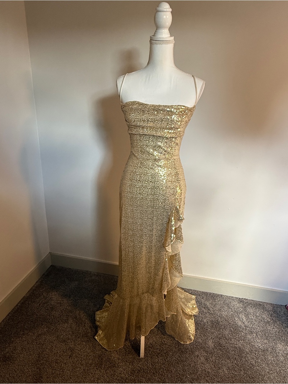 Lucy In The Sky Gold Sequin Ruffle High-Slit Maxi Gown